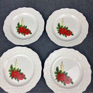 Set of 4 Adam Antique Canonsburg Pottery Candle & Red Poinsetta Salad Plates Vtg